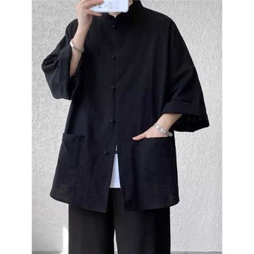 新中式男裝亞麻短袖襯衫男夏季民國風漢服道袍外套中山裝唐裝馬褂