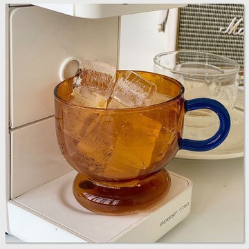 新品琥珀色水杯 復古玻璃杯 耐高溫防爆可愛小胖墩喝水杯咖啡杯家用茶杯帶把手