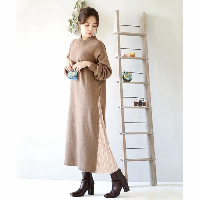 ワンピース 冬服 レディース ニット セーター ハイネック ボトルネック ゆったり プリーツ サイドプリーツ ニットワンピース イーザッカマニア 通販 Lineポイント最大0 5 Get Lineショッピング