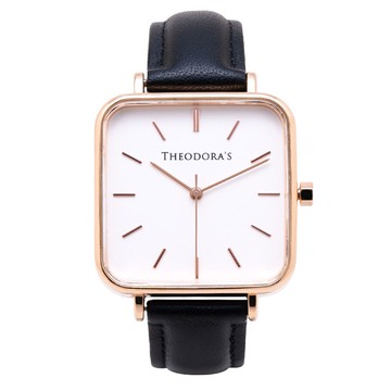 【THEODORA'S】Hebe 簡約方形真皮手錶 方形白-真皮黑【希奧朵拉】