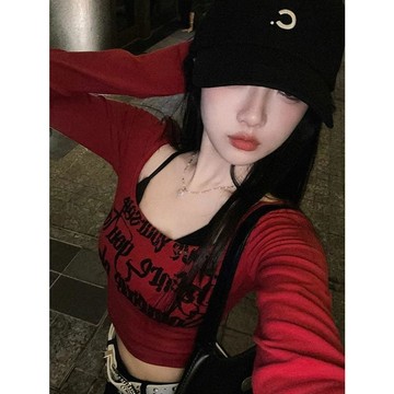 【可可裡】美式假兩件長袖T恤女春秋新款修身街頭辣妹風緊身上衣內搭打底衫
