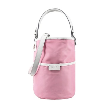 [平輸版]agnes b. 燙金皮標桶型肩背包-小-粉/真品平輸