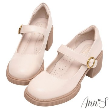 Ann’S小眾變大眾-復古皮革厚底粗跟瑪莉珍樂福鞋6cm-米白