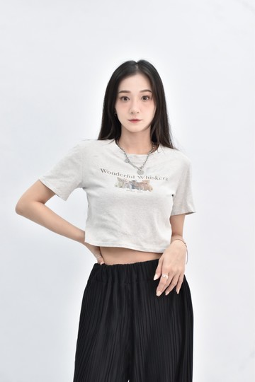 (S) cindy 短版貓咪灰色短袖上衣
