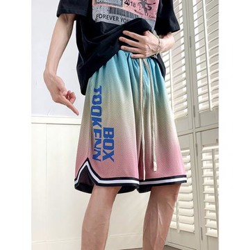 漸變色運動短褲男生加肥加大碼胖子寬松五分褲青少年籃球休閑中褲