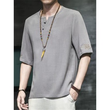 男士亞麻短袖t恤夏季新中式國風盤扣刺繡上衣寬松休閑棉麻衣服男