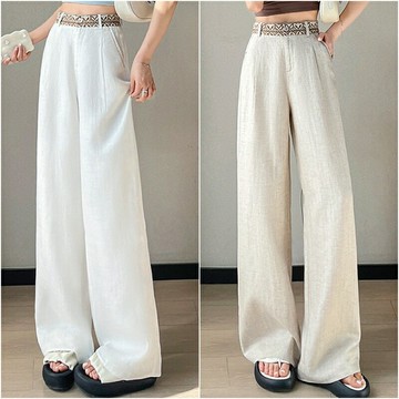 現貨+預購 女高腰冰絲長褲天絲寬褲顯瘦薄款垂感直筒褲休閒西裝褲-工藝刺繡亞麻3色74ls11【獨家進口】【米蘭精品】