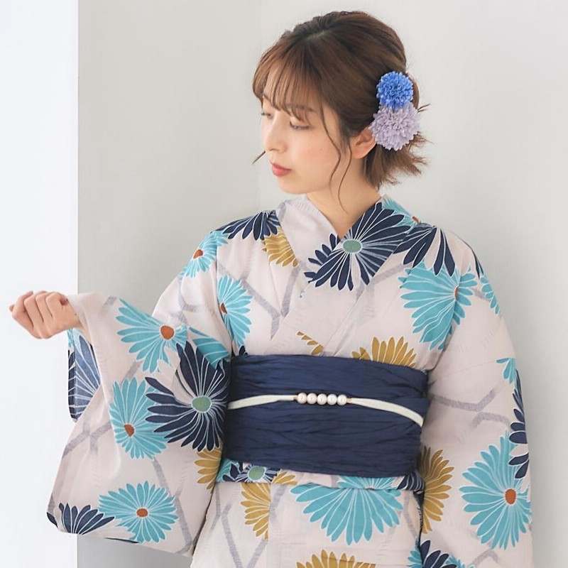 浴衣・帯・下駄セット 藍紺×コスモス 浴衣 レディース 3点セット (ゆかた/帯/下駄) 変わり織り【空色
