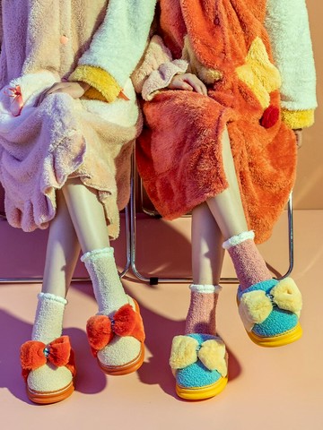 可愛蝴蝶結棉拖鞋女冬季厚底保暖防滑情侶毛絨室內卡通家居男