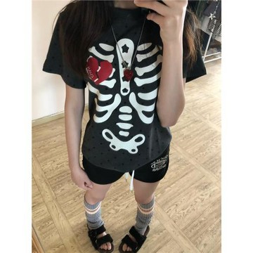 美式骷髏印花正肩波點短袖t恤女夏季短款顯瘦辣妹設計感小眾上衣