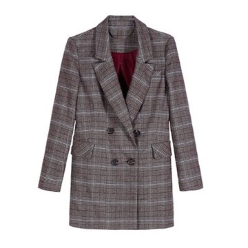 現貨+預購 毛呢外套長版大衣-灰色格子翻領雙排扣女外套73ui20【獨家進口】【米蘭精品】