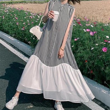 【巴黎精品】現貨+預購 高級法式長洋裝中長裙洋裝連身裙子A字裙大碼寬鬆休閒女裝-無袖拼接女裙子a1ku33