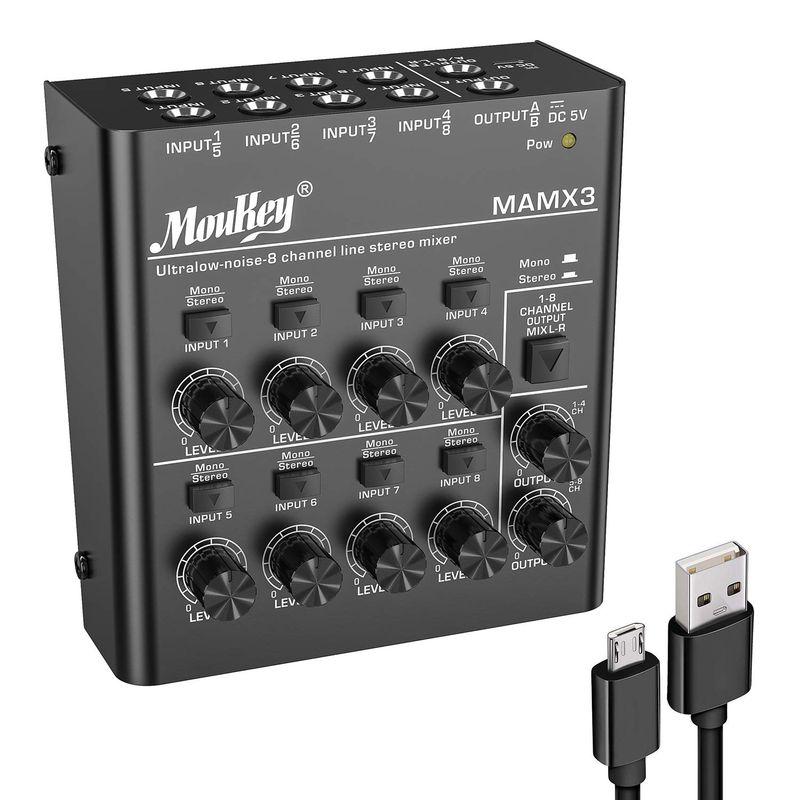 Moukey オーディオミキサー usb DC 5V超低ノイズ サブミキシング用 ラインミキサー (8チャンネル) 小型ミニオーディオミキサ