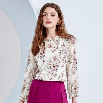 ILEY伊蕾 立領荷葉花卉雪紡上衣(白色；M-XL)1233071406