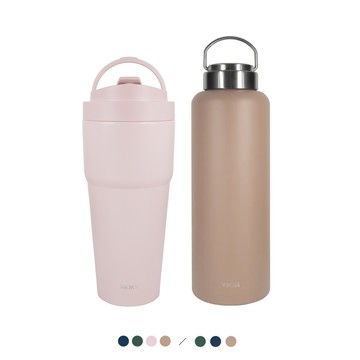 《減塑環保》–[●●]渾圓杯-雙層陶瓷 750ML(附矽膠吸管)+提手輕芯鈦瓷易潔層保溫瓶800ML