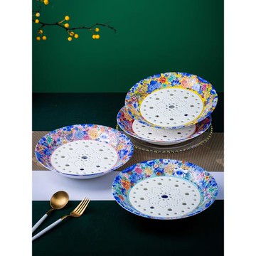 景德鎮琺瑯彩骨瓷餃子盤瀝水雙層盤輕奢高顏值10寸大號家用餃子盤