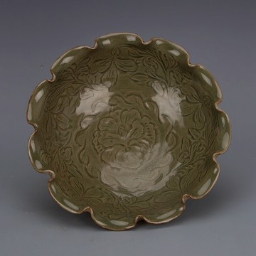 宋 耀州窯青釉暗刻花卉荷葉口大碗 仿古舊貨瓷器古玩家居裝飾收藏