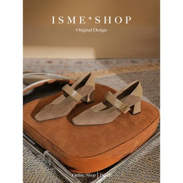 方扣女舒適絨面百搭新款2024瑪麗珍小方頭粗跟氣質女式單鞋網紅高