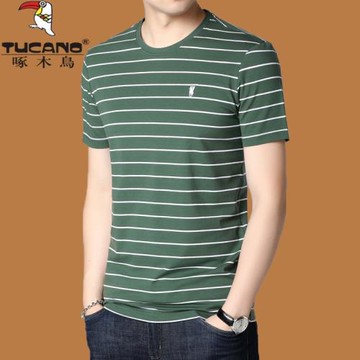 啄木鳥絲光棉短袖T恤男圓領青年條紋寬松半袖夏季休閑冰絲體恤潮