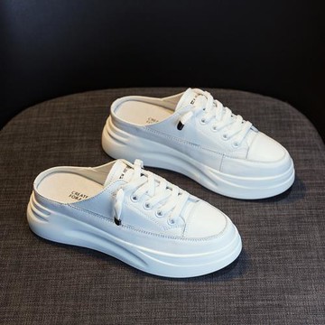 包頭厚底小白鞋2023春夏真皮一腳蹬無后跟外穿休閑松糕時尚涼拖鞋