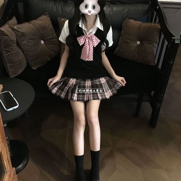 【粉霧海學院風】基礎制服針織馬甲背心 黑色襯衫 針織衫 JK原創格裙套裝 夏季 學院風 制服 針織背心 馬甲 襯衫 針織