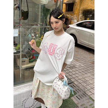 FORUYES官方店 夏季貼布繡彩色波點格紋碎花情侶男女寬松T恤短袖