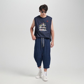 江戶勝 日系 男裝 多盆栽印花背心(石洗綠) #上衣