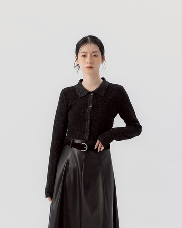 金蔥坑條合身短版針織上衣-黑S/M