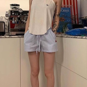 豎條休閒褲 短褲 寬褲 褲子 豎條紋抽繩字母刺繡闊腿短褲女寬鬆夏季休閒褲