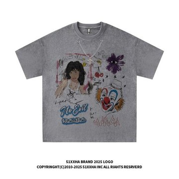 51嘻哈美式趣味涂鴉印花短袖T恤男女復古vintage做舊寬松重磅半袖