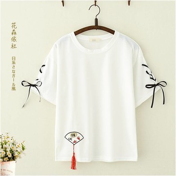 初中高中生夏裝甜美貓咪刺繡短袖T恤中學生少女軟萌妹t體恤衫上衣