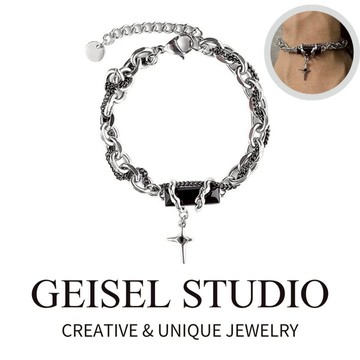 【GEISEL】多層環繞黑寶石十字手鏈 鈦鋼手鍊 中性手鍊 男生手鍊 個性手鍊 (C-013)