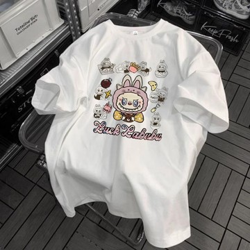 100%純棉短袖 短袖t恤女 短袖 潮牌 labubu 衣服 重磅短t 白色 t恤 個性上衣 韓國潮牌上衣 大碼上衣