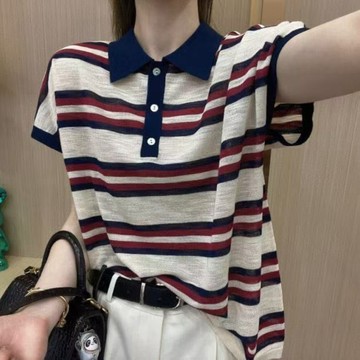 復古港風條紋POLO衫女 上衣 POLO衫 短袖衫 復古港風ins正肩顯瘦短袖POLO衫百搭夏季條紋短袖t恤簡約女士