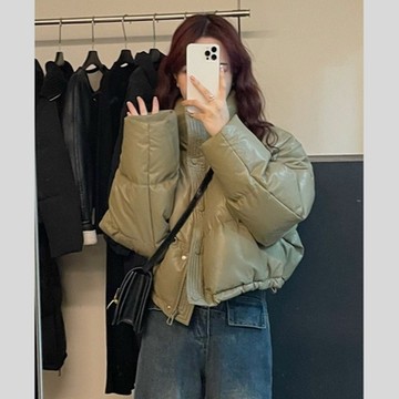 [米蘭精品] 羽絨棉外套夾棉夾克-保暖短款立領PU皮高級感女外套4色m1ae10