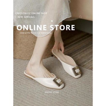 2024春款夏方頭包頭平底軟皮涼拖休閑簡約外穿懶人拖鞋女半托鞋