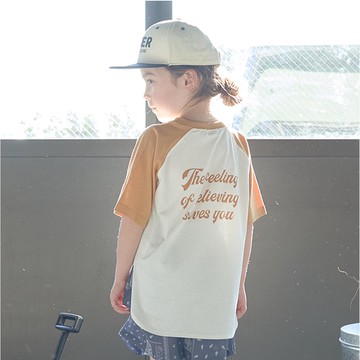 日本 b-ROOM - 不易變形落肩撞色T恤-背後標語-芥末黃