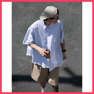 『ATC』 日系 純棉 線條 CITY BOY 藍白 寬鬆 休閒 短袖 襯衫 外套 工裝