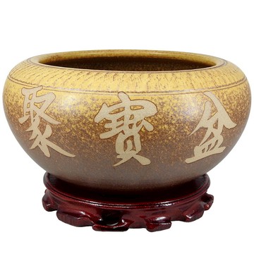 【吉祥開運坊】陶瓷聚寶盆【聚財手拉坯陶瓷聚寶盆 附五色石 元寶 招財符 實木座】開光擇日安置