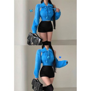 YoungGirlDay純欲性感露背仿貂絨短款掛脖背心長袖系帶罩衫兩件套