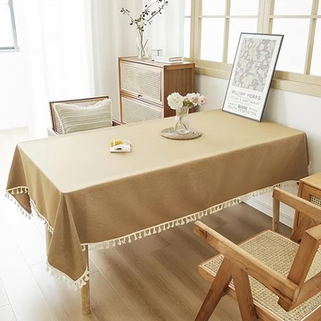 Couselect 棉麻風素色棉邊流蘇桌布 防潑耐磨 服帖垂感 紋理清晰 防水防油 布料柔軟  1個  黃咖色  140 x 90cm