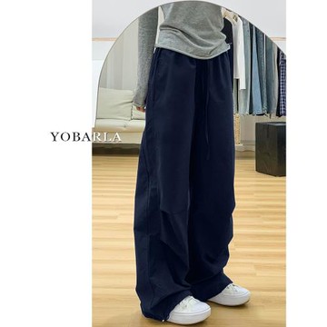 美式藏青色休閑工裝褲女秋季大碼胖mm寬松顯瘦梨形身材闊腿運動褲