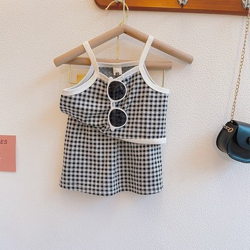 Mimo⭐現貨🌈女童套裝 吊帶上衣 半身裙 夏季 冰絲 韓版格紋 中小童 女寶寶兩件套