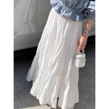 【PING'S🌞】韓國 chic 夏季 復古 時尚 休閒 簡約 百搭 高腰 蛋糕裙 大裙擺 半身裙 長裙女