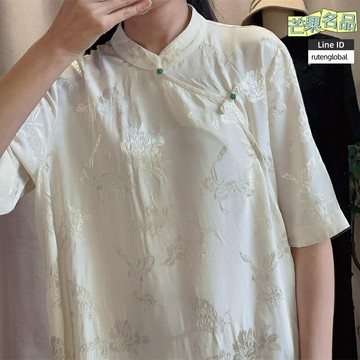 【手工盤珠扣】新中式旗袍 連衣裙 女式旗袍 提花旗袍 寬鬆旗袍 人絲提花面料 立領開襟短袖 改良寬鬆版型 日常休閒度假