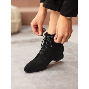 磨砂尖頭系帶短靴女平底真皮加絨翻毛皮馬丁靴粗跟中跟黑色大碼43