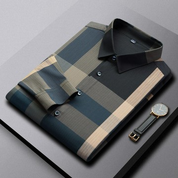 【新款熱賣】男裝高端大牌時尚格子襯衫休閑免燙格子條紋長袖襯衫衣男士