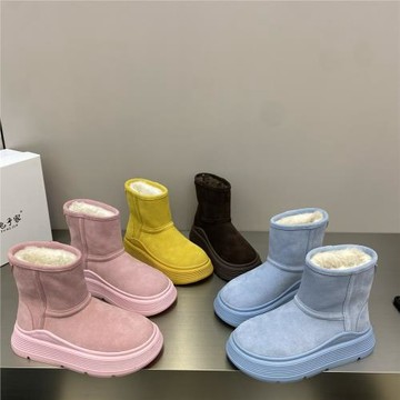 韓系糖果色三角標雪地靴女2025冬新款百搭增高加棉保暖休閑短靴潮