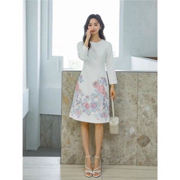 秋簡潔法式名媛提花顯瘦輕奢赫本氣質白色連衣裙改良旗袍裙2471