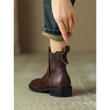 rubywu2023年新款真皮切爾西靴法式復古中跟粗跟短靴女春秋單靴潮